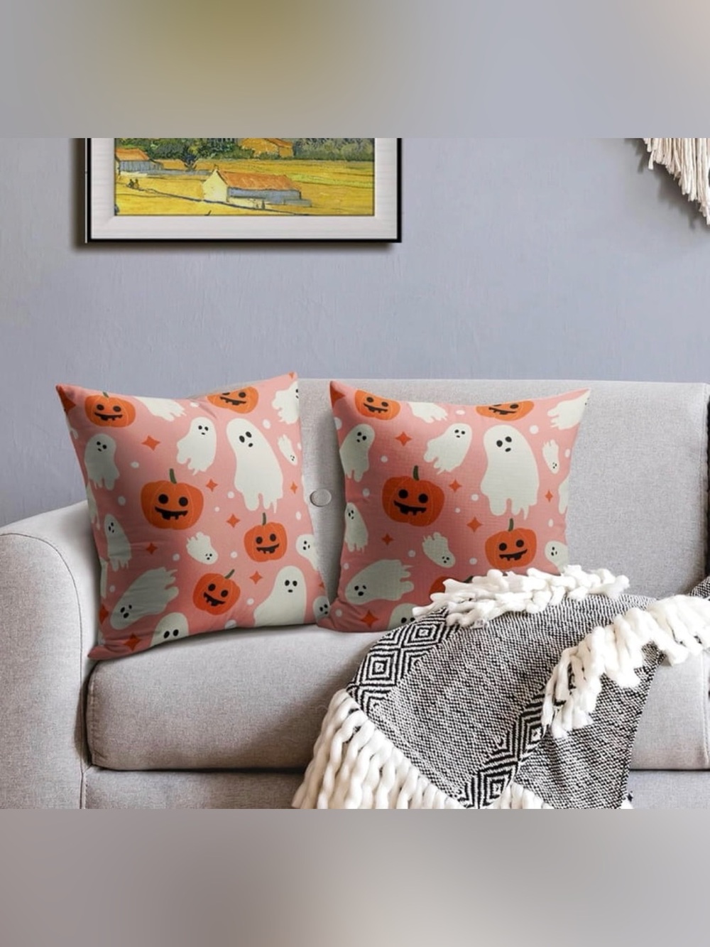 Pink Halloween Pillow Covers 18x18 Set of 2 Cute Ghost Pumpkin scary theme home